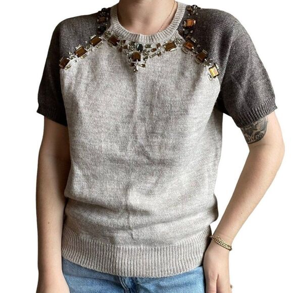 NWOT J Crew Womens Alpaca Wool Blend Crew Jewel Embroidered Short Sleeve Sweater - Picture 8 of 10